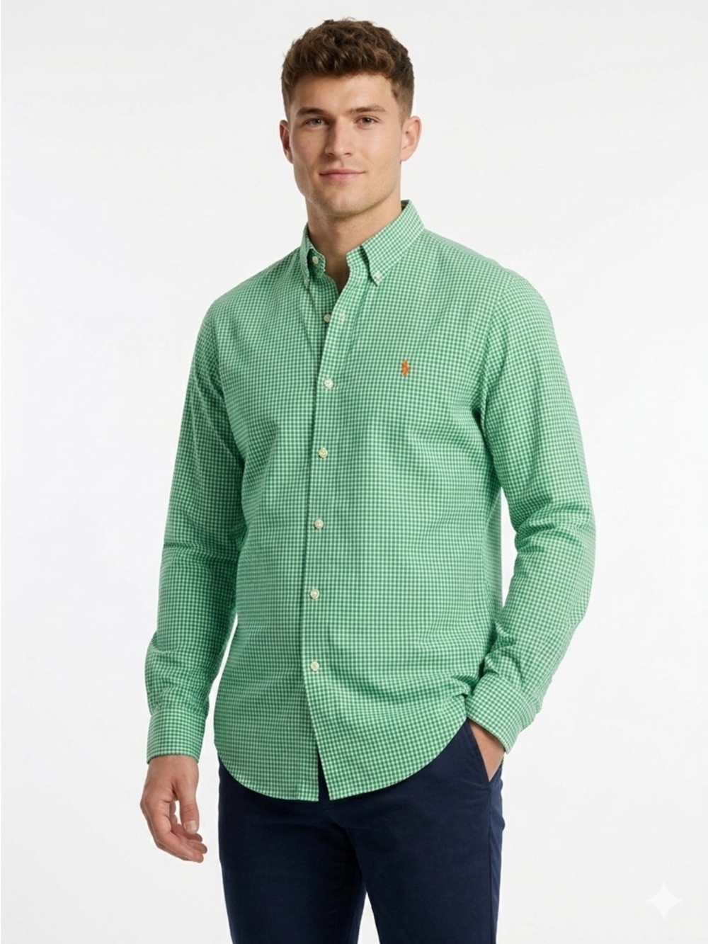 Ralph Lauren Button Down Shirt Orange Pony Logo Gingham Green White L